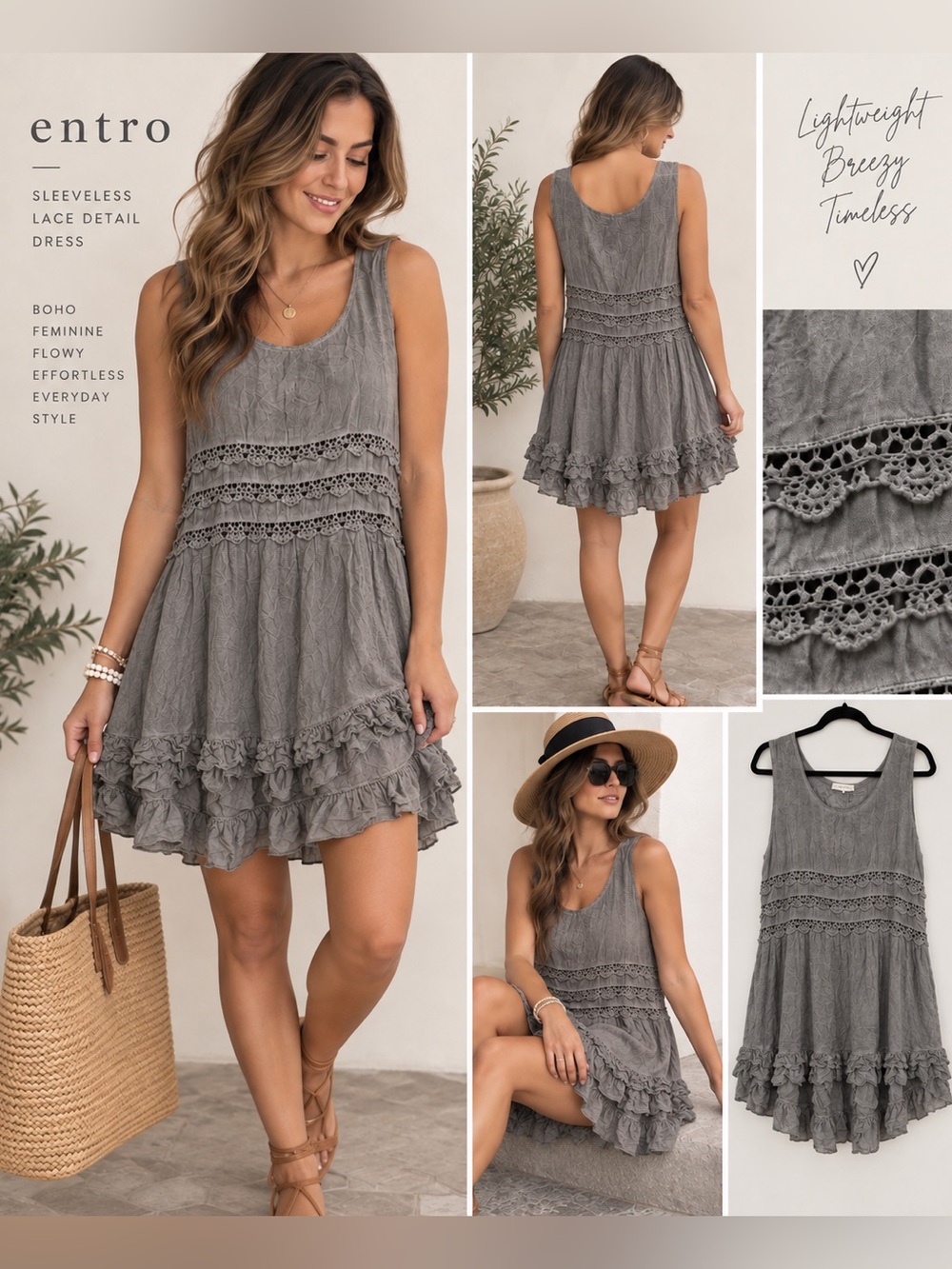 Entro Gray Boho Lace Ruffle High Low Dress Size Medium 100% Rayon